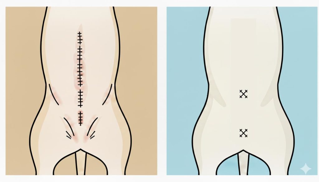 従来の開腹手術の大きな傷と、内視鏡外科の小さな傷を比較する分かりやすいイラスト